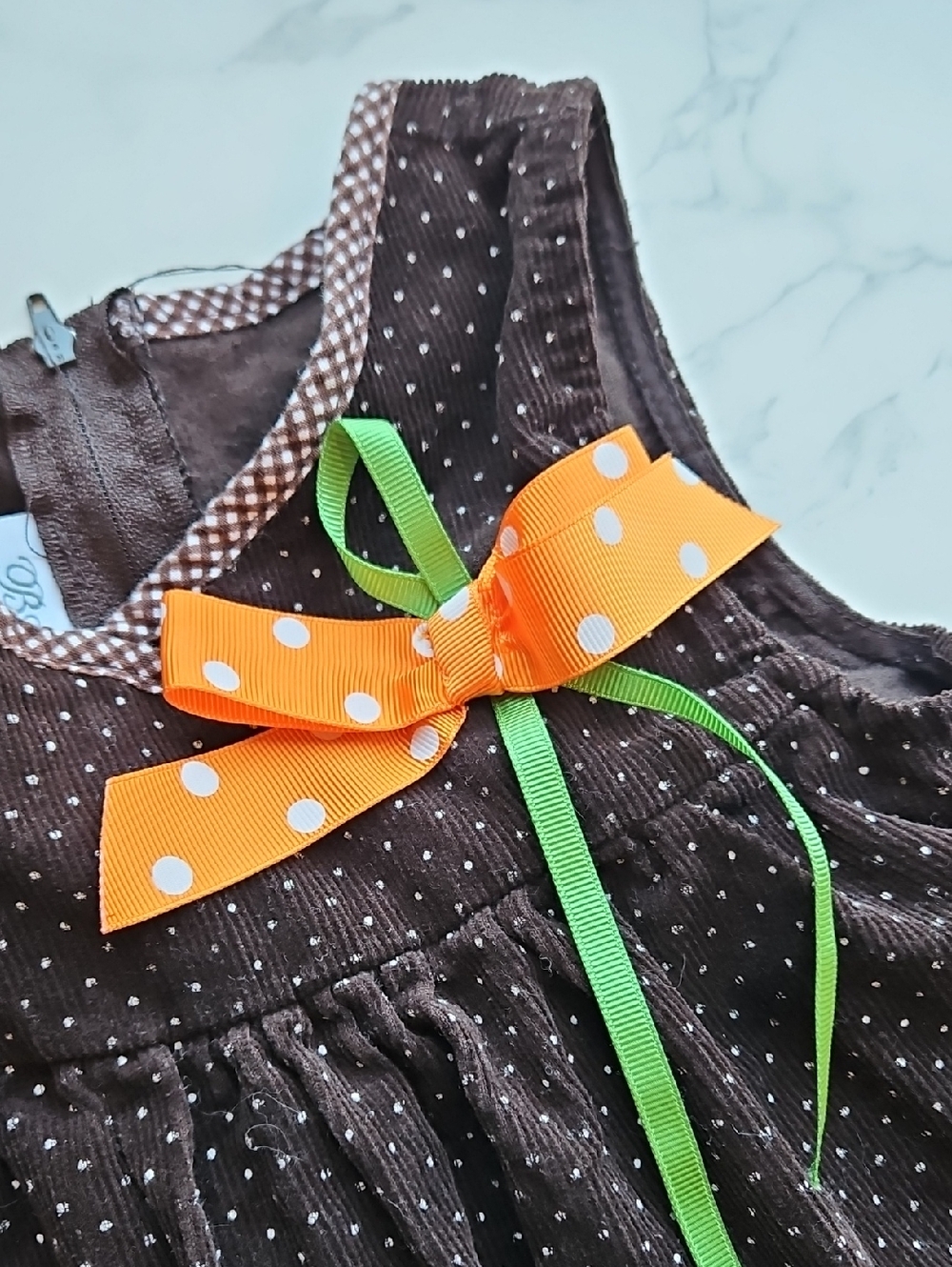 Bonnie Jean Brown Polka Dot Corduroy Dress with Orange & Green Ribbon Turkey 4 - Picture 5 of 7